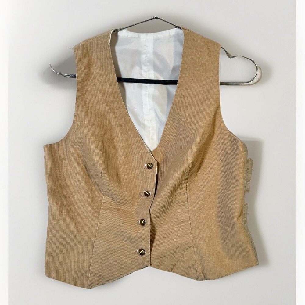 Vintage Corduroy Tan Vest Button Front Lined Classic 80s Western Boho Women's M